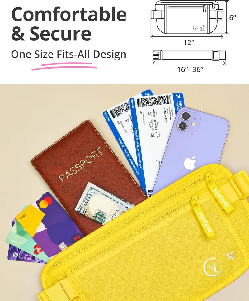 Vantamo Money Belt with RFID For Men & Women, Hidden Passport Holder for Travel, 2 Compartment Travel Fanny Pack for Women Anti Theft - Image 4